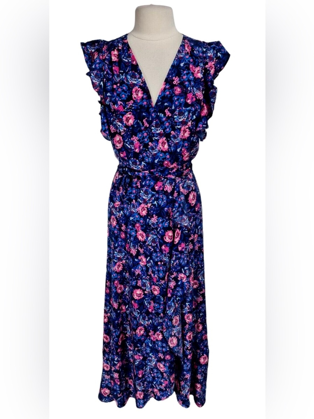 Ava & Aiden | Blue and Pink Floral Pattern Ruffle Wrap Dress, M
